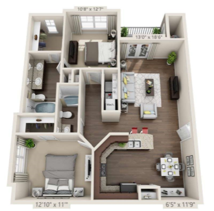 Floor plan for 2 beds, 2 baths, 1130 sqft
